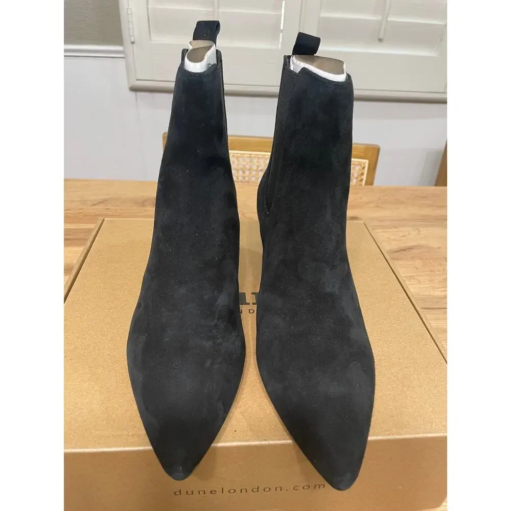 Dune London Comfort Kitten Chelsea Ankle Boot Black Suede Sz 7.5/8 US 38 EU NIB
